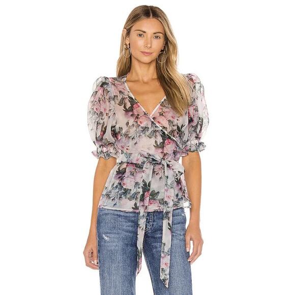 NEW Selkie Feminine Cloud 9 Blue and Pink Champagne Mod Print Wrap Top - Picture 9 of 11